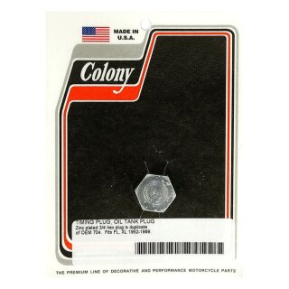 Colony, timing/drain plug. Hex head. Zinc