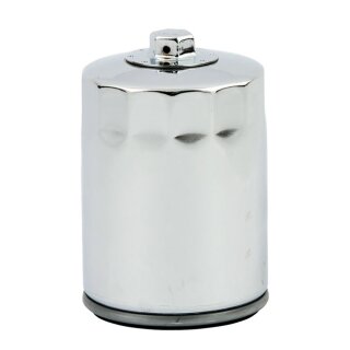 Spin-on oil filter, with top nut for M8. Chrome