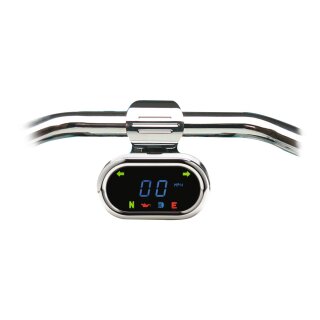 Classic Bar Mount Speedometer Scale: 255 mph; 255 km/h; Scale Color: black; Dimension: 3 1/2" x 2" Chrome