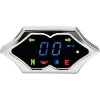 Spike Bar Mount Speedometer Scale: 255 mph; 255 km/h; Scale Color: black; Dimension: 4 1/4" x 2" Chrome