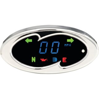 Wave Bar Mount Speedometer Scale: 255 mph; 255 km/h; Scale Color: black; Dimension: 4 1/4" x 2" Chrome