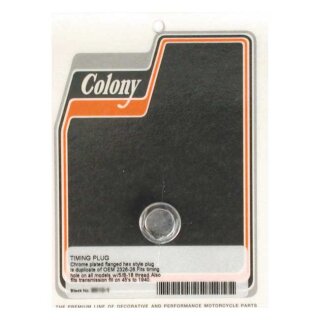 Colony, timing/drain plug. OEM style hex. Chrome