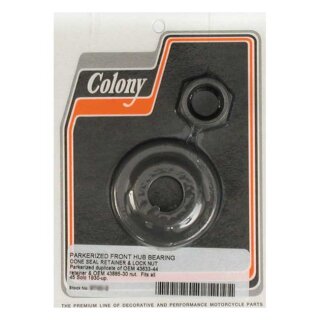 Colony, wheel bearing cone seal retainer & nut kit. Black