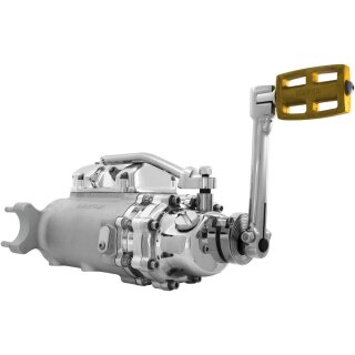 6-into-4 70-Early 84 Complete Transmission with Ear, Standard Shift Pattern Black Case, Mechanical Kicker Cover, Bearing Doors and Top Covers Aluminium Polished Cable Clutch
