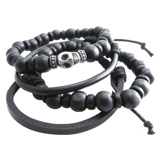 Skull Bead And Leather Chain Bracelet 8", stretch, adjustable
